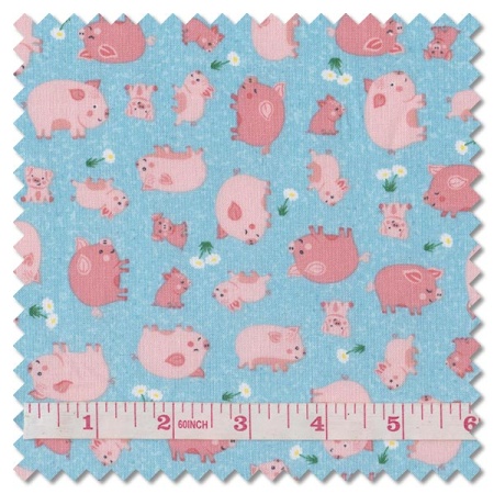 Fun on the Farm - happy pigs blue (per 1/4 metre)